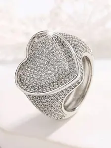 Street Hip Hop Heart Shape Ring, Artificial Zirconia Full Embellishment, Shiny Eye-Catching Design, Unisex Valentine's Day Gift, Heart Shaped Ring, Sparkling Zircon Inlay
