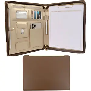 Brown Vegan Leather Portfolio Binder for Women - Professional Padfolio Work Organizer with  Trim, Zippered Business Case for Documents