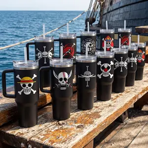 One P1ece Pirates 40oz Tumbler, Straw Hat Blackbeard Inspired Steel Tumbler, Anime Pirates Water Bottle, Mystic Falls Big Mom Buggy Spade Pirates Tumbler with Handle