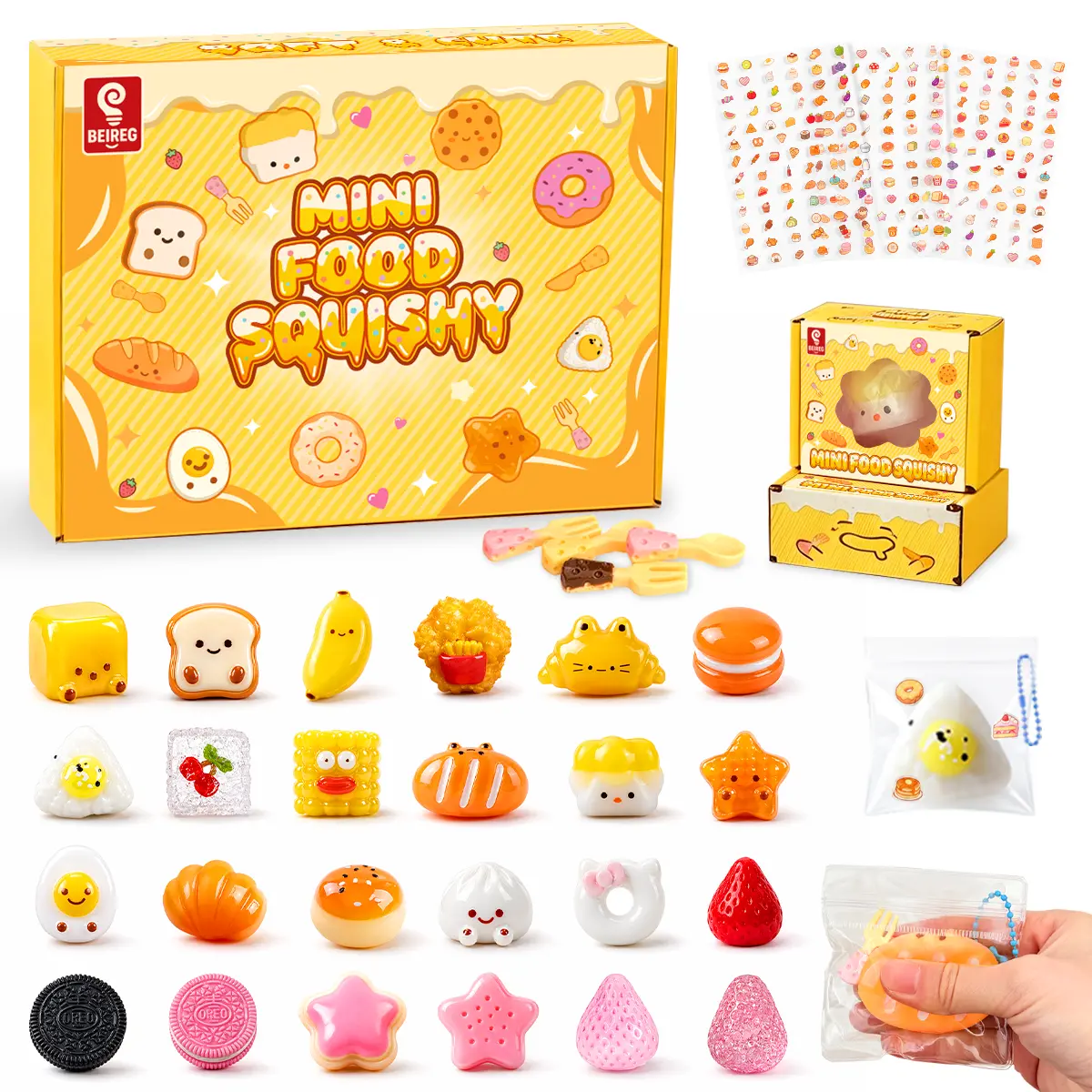 BEIREG Mini Taba Squishies Fidget Toys, 24PCS Safety-Certified Soft & Comfortable Food Squishy Stress Relief Toys with Gift Box, Durable for Long-Lasting Fun, Exceptional Tactile Satisfaction, Kids' Party Favors Birthday Gifts