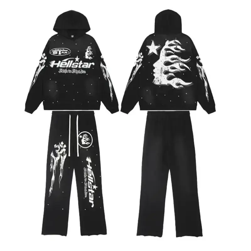 Men&Women H3ll Star Full Set Black Hoodie and Sweatpants, Men Women's Casual Pants and Top Set Hip Hop Streetwear, Gift for Her Him