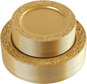 I00000 102 PCS Brown Gold Plastic Plates, Lace Design Disposable Plates, BPA Free Plates Includes: 51 Dinner Plates 10.25 Inch and 51 Salad/Dessert Plates 7.5Inch for Wedding and Party