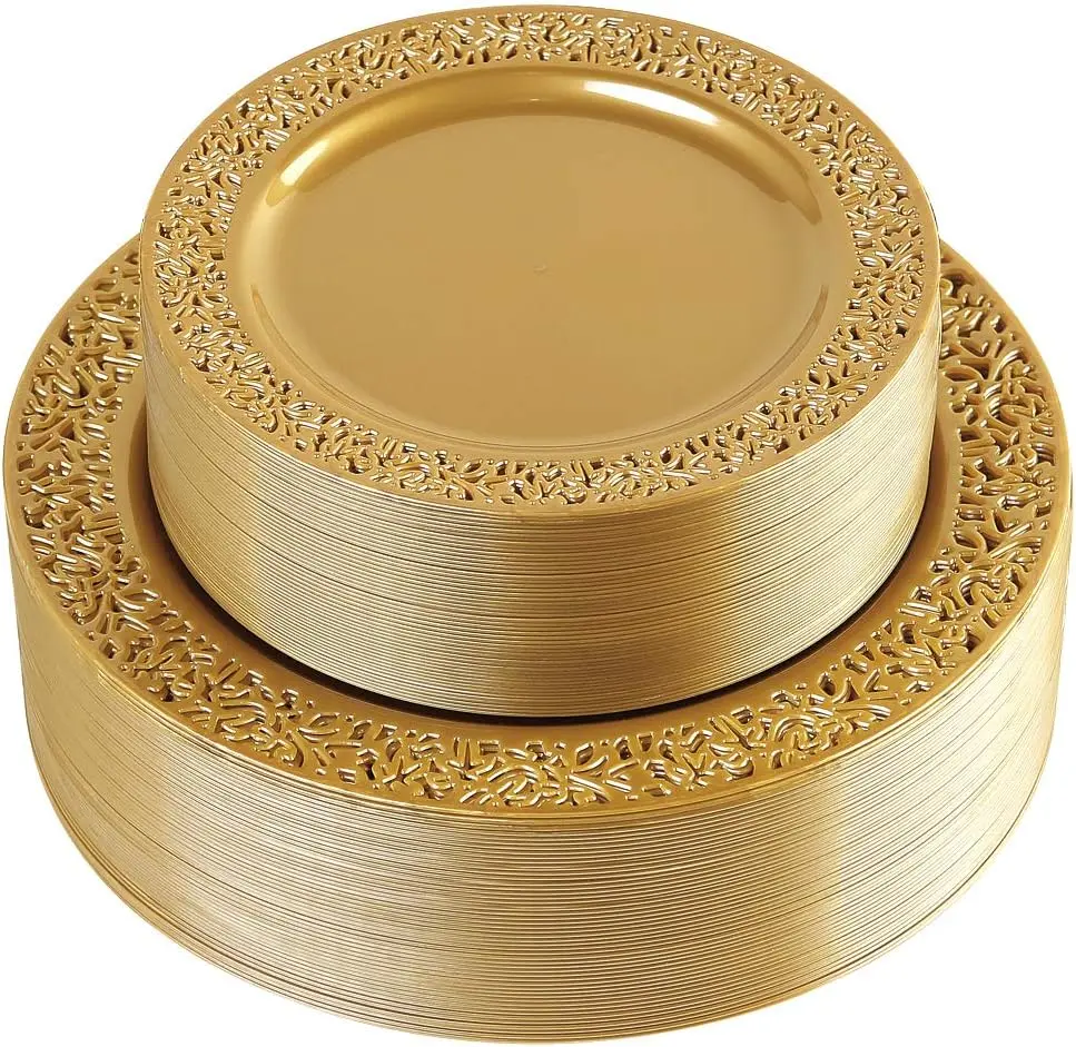 I00000 102 PCS Brown Gold Plastic Plates, Lace Design Disposable Plates, BPA Free Plates Includes: 51 Dinner Plates 10.25 Inch and 51 Salad/Dessert Plates 7.5Inch for Wedding and Party