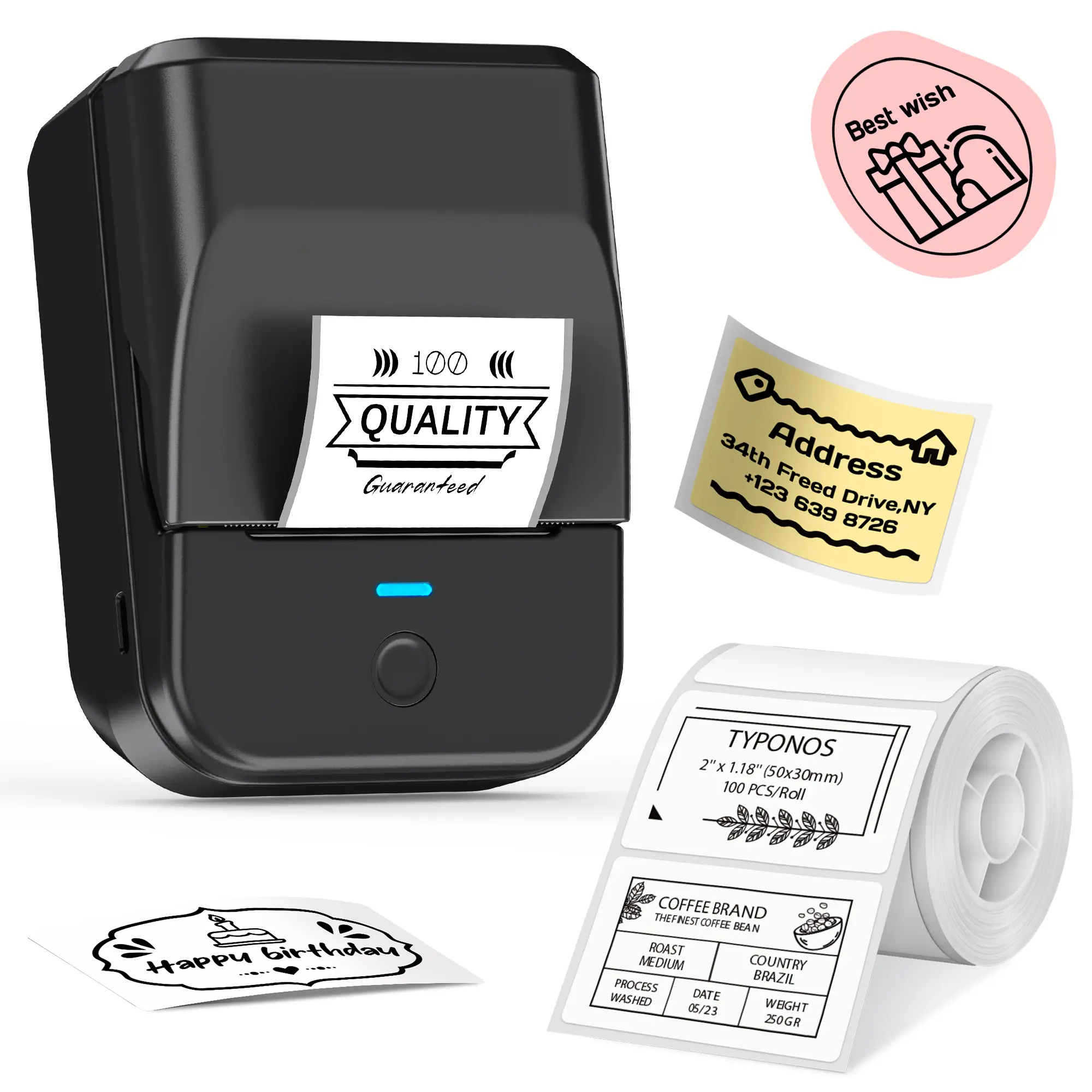 TYPONOS Label Maker Machine with Tape, PM240 Thermal Label Printer, Portable Label Maker for Small Business, Office, Home Organization, 40x30mm Waterproof Labels, Sticker Printer for Phone & PC, Fathersdaygift, summerwins