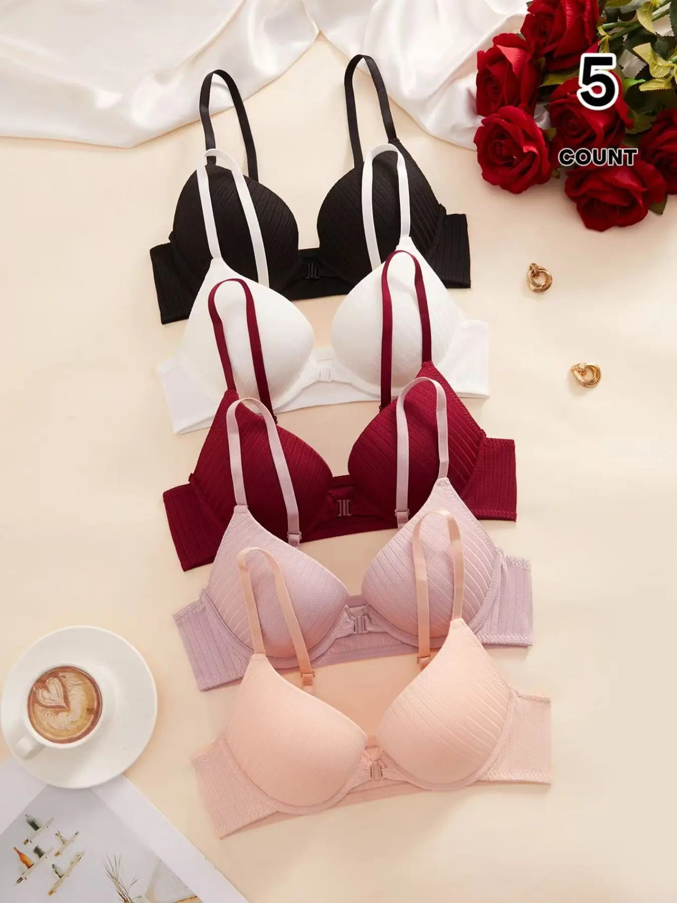 Women's 5-Pack Front Closure Wireless Bras, Comfortable Daily Casual T-Shirt Style Bras, Seamless Ribbed Medium Push-Up Underwear, Multiple Colors Available