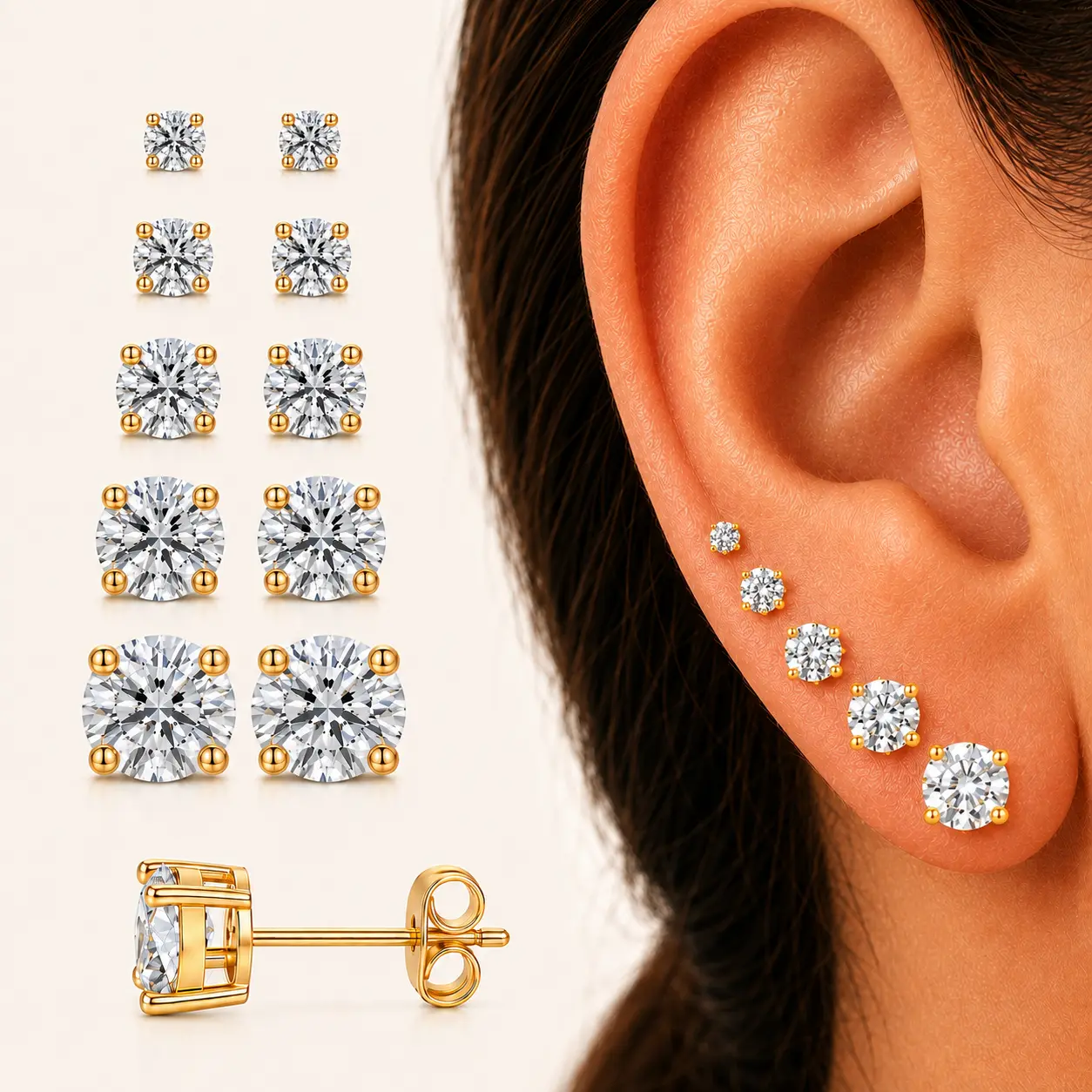17KM Gold Stud Earrings for Women, 5 Pairs 14K Gold Plated Cubic Zirconia Stud Earrings, Hypoallergenic Stackable Earrings Set for Multiple Piercing, Minimalist Everyday Jewelry