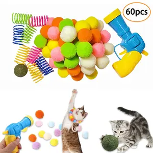 Cat Toys 60pcs Set Ultimate Playtime Fun with Cat Springs Pompom Balls and Gun Launcher for Indoor Play and Interactive Fun