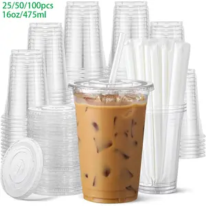 25/50/100 Pack 16oz/475ml Clear Plastic Cups with Lids & Straws, Drinking Cups, Disposable Leak-Proof Tumblers, Iced Coffee Cups for Cold Beverages, Smoothies, Durable PET Cups, BPA-Free, Transparent Drinkware, Pop Cups, Halloween & Christmas Parties