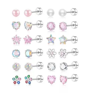 12 Pairs Pink Screw Back Stud Earrings Set for Women – Stainless Steel Colorful CZ Pearl Flower Heart Star Cartilage Piercing Earrings, Hypoallergenic Dainty Screw Stud Jewelry, Funky Unique Accessories for Daily Party Casual Wear