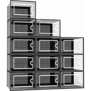 X-Large Shoe Storage Boxes Organizers Clear Plastic Stackable 12 Pack, Shoe Rack & Holder Substitute, Sneaker Containers, Toy Storage Organizer Bins for Entryway, Closet, Under Bed, Black