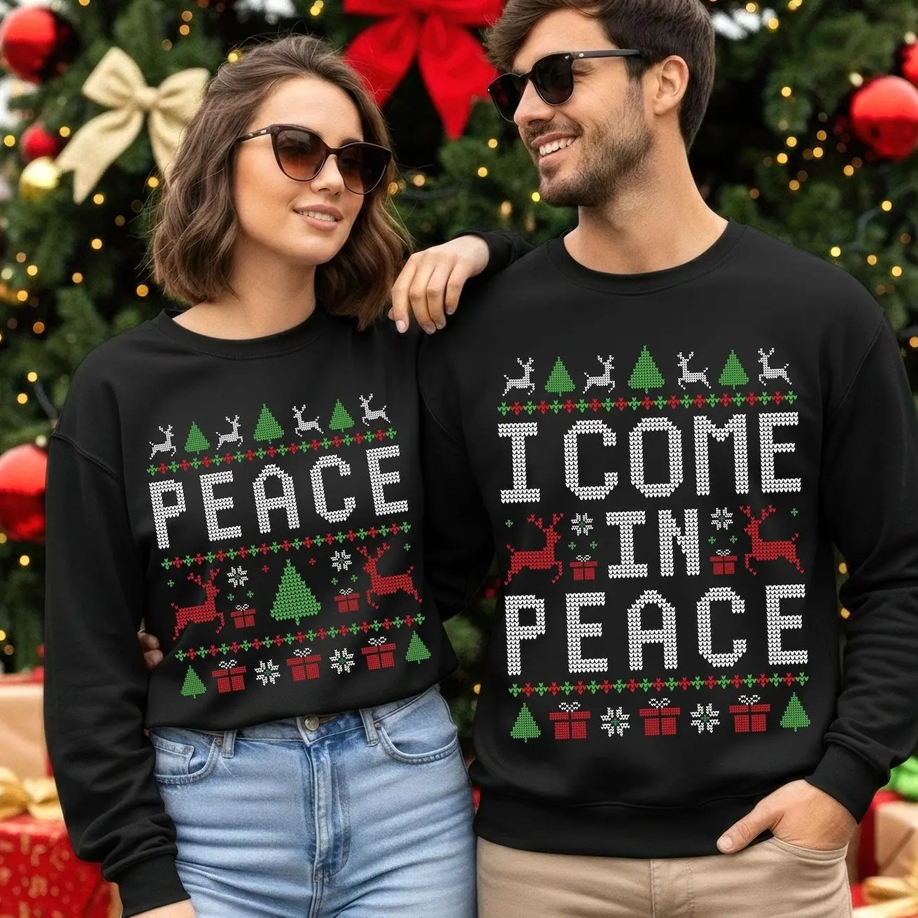 Matching Couples Ugly Christmas Sweater, Come in Peace Couple Christmas Shirt, Funny Xmas Gift, Couples Graphic Tee, Newlywed Gifts, Hubby Wifey Xmas