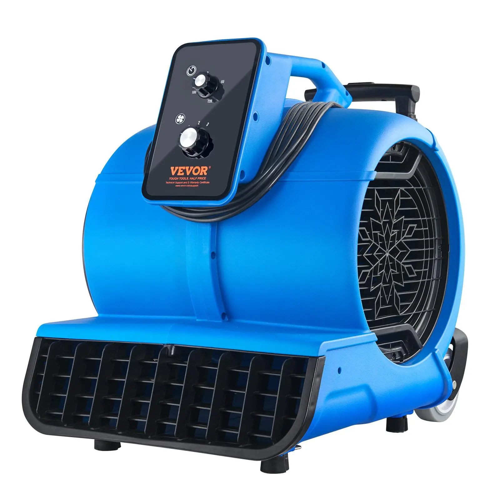 VEVOR Corded High-Speed Adjustable Blower - 1560 RPM, 4000 CFM Air Mover, 24 ft Cord Reach, Convenient Space-Saver Portable Carpet Dryer Fan, 3 Adjustable Angles, Timer, 3-Speeds, Multi-Functional Ventilate Tool for Janitorial Use