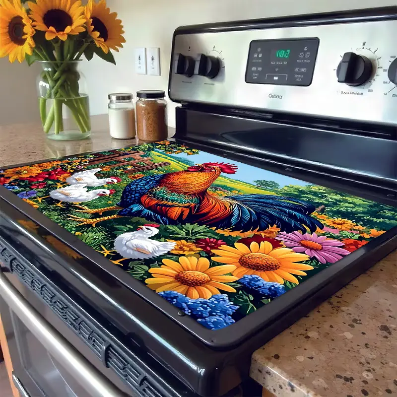 Rooster & Rural Scenery Pattern Stove Protector Mat, Suitable for Glass Stovetops, Washing Machines & Dryers, Easy-Clean Kitchen Appliance Pad, Stylish Design & Premium Material, Essential Home Accessory