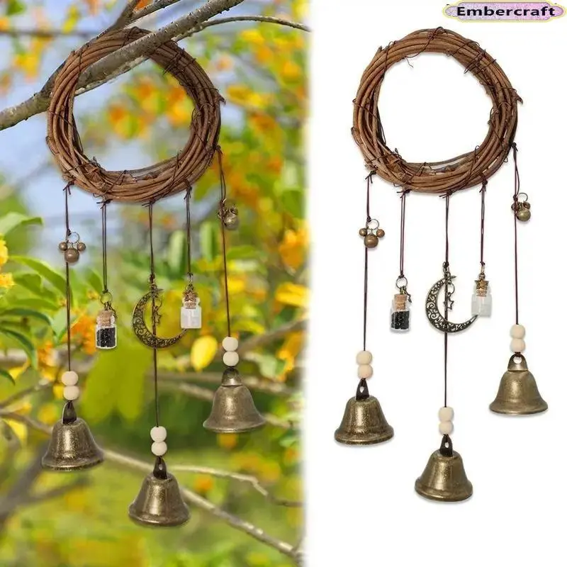 Witchy Protection Bells Wreath, Rustic Hanging PU Ornament, Boho-Gothic Spiritual Charm for Door, Wall & Bedroom Decor, Hangable, Set, Door Decoration, Jar, Indoors, Hanging Sculpture, Funky Unique Home Decor