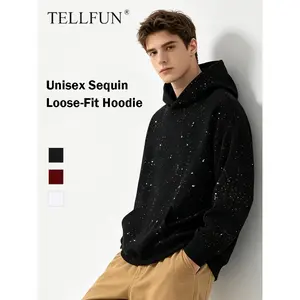 TELLFUN--Men's Sequined Pullover Hoodie - Fashionable Casual Long-Sleeved Menswear Top with Pockets, Loose-Fitting Y2K Galaxy Sweatshirt for Autumn & Winter