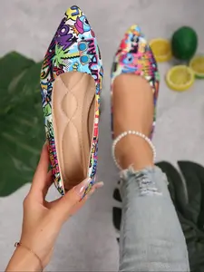 Fashionable Random Pattern Flat Shoes, Casual Comfortable Versatile Shoes for Entertainment Party, Female All-match Round Toe Shoes for Daily Wear, Girl