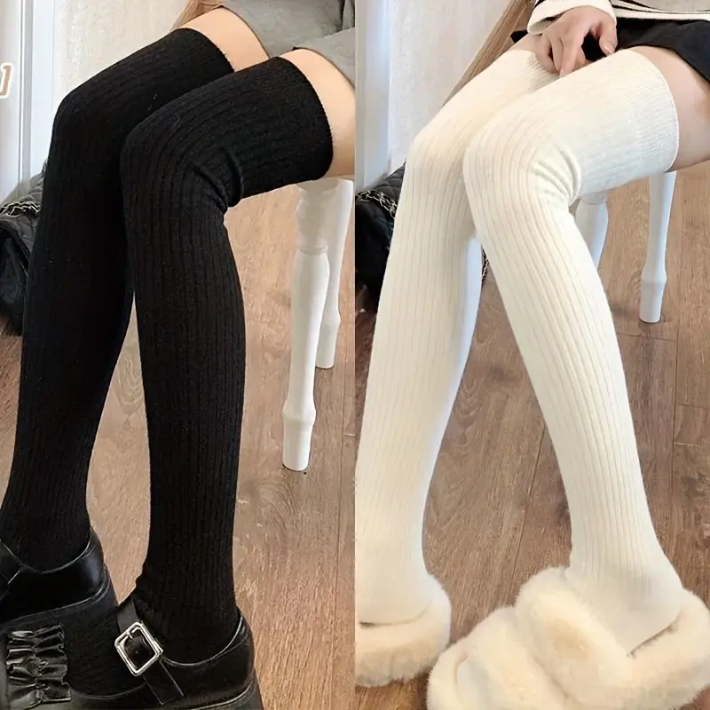 Women's Chunky Knit Knee-High Socks, 2-Pack Solid Colors, Warm Durable Winter Essentials for Casual Workplace Wear, Lady, Knitting