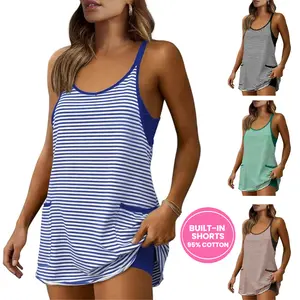 Tanming Women's Summer Athletic Mini Dress Sleeveless V Neck Built-in Shorts Striped Tennis Workout Vacation