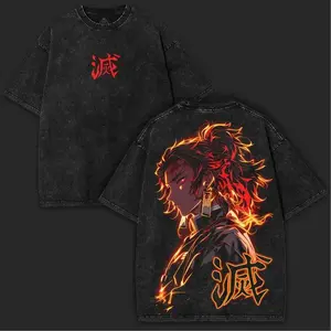 Yoriichi Tsugikuni Demon Slayer Oversized Washed Vintage Tee – Sun Breathing Flame Graphic Cotton Shirt | Anime Collector Drop