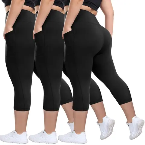 Women's Plus Size 3-Pieces High-Waisted Capri Leggings - Curve-Friendly Fit, Tummy Control, Soft Stretch, Pockets, Athletic Skinny Pants, Fitness Training Tights, Activewear for Fitness, Great for Yoga Runs Gym Hikes