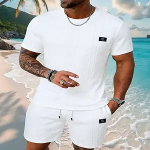 Popular men’s polo shirt and shorts set with jacquard texture for summer wear; lightweight, breathable athletic set; street-style matching set.