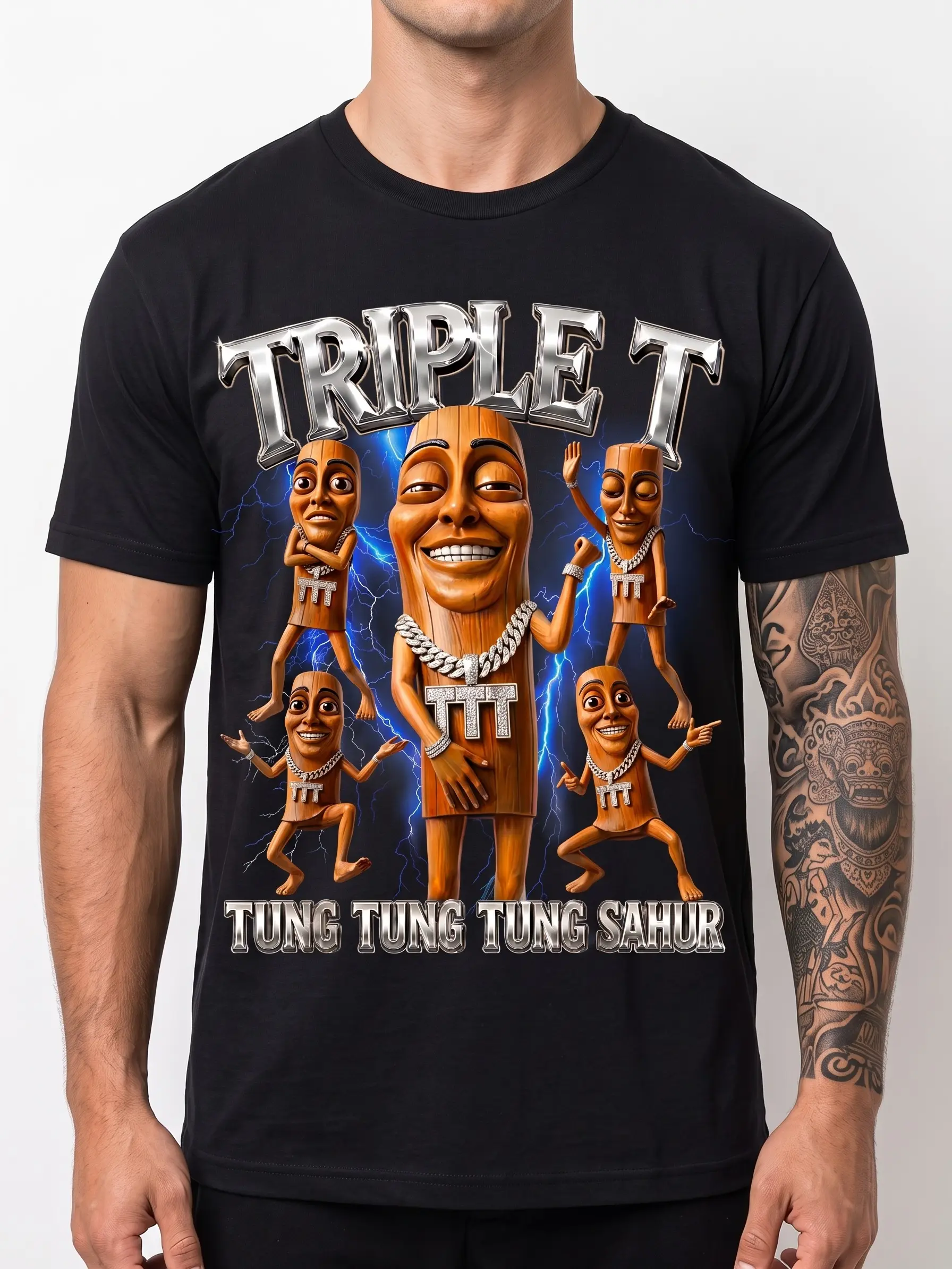 "TRIPLE T" Tung TungTung Sahur Meme Graphic Tee, Retro 90s Bootleg Rap Vibe Menswear, Y2K woman men graphic tee Metallic Chrome Letters Round Neck Shortsleeve Unisex Casual Men's Sports T-Shirt