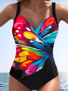 [Plus Size] Colorblock Drawstring Ruched One-pieces Swimsuit, Elegant Sleeveless Swimwear for Beach Holiday Vacation, Women's Swimsuit for All Seasons, Summer Bodycon Swimsuit, Summer Swimsuits