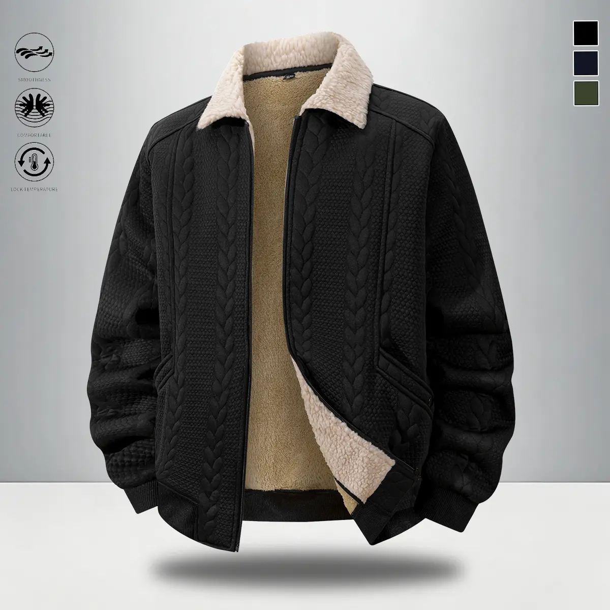 Men's Sherpa-Lined Turn Collar Long Sleeve Plain Stylish Menswear Tops, Winter Braided Jacquard Knit Fleece Coat, Thick Warm Zip-Up Casual Outerwear with Pockets, Multiple Colors, Ideal for Daily Commute & Outdoor Activities
