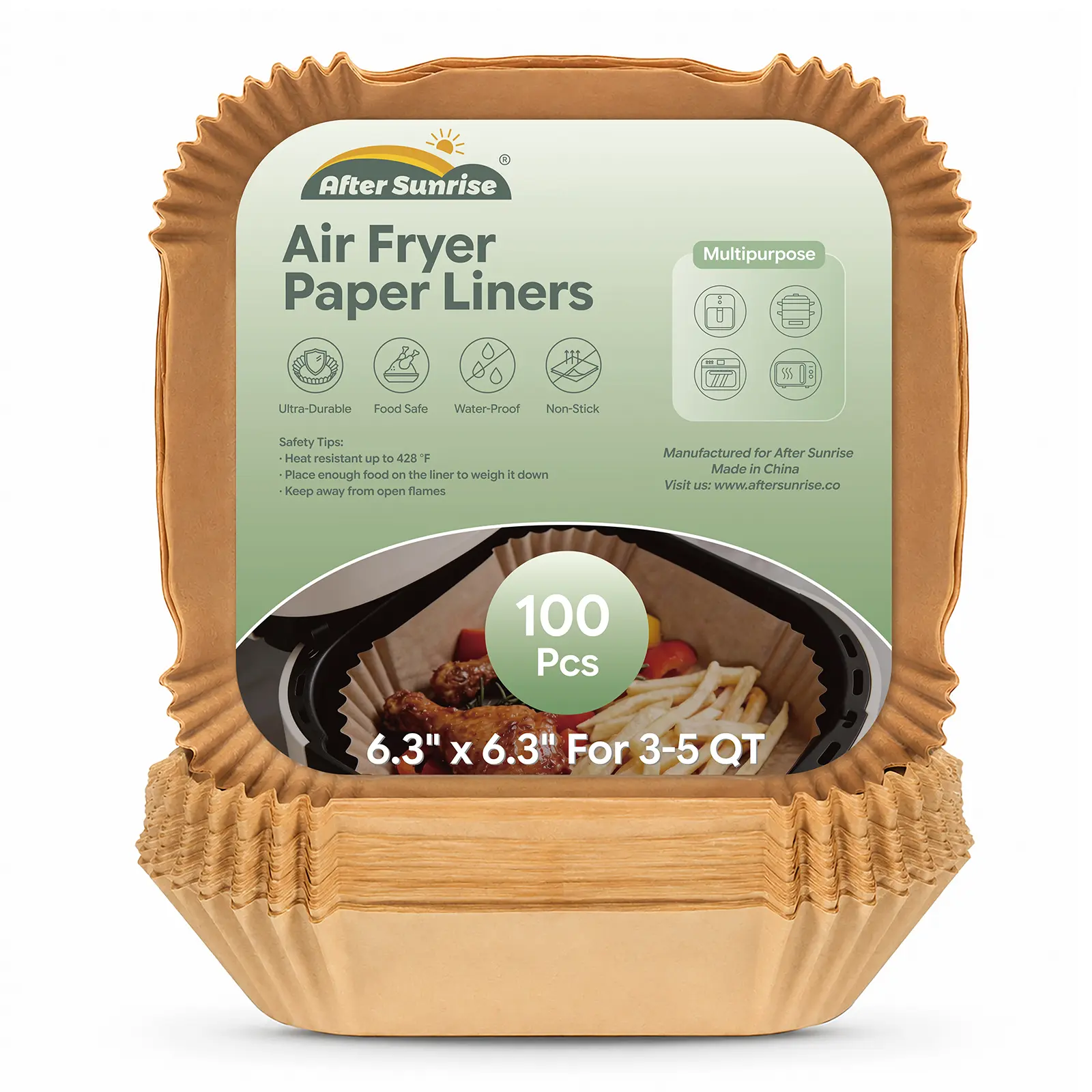 Air Fryer Paper Liners, 100Pcs Parchment Paper,After Sunrise Air Fryer Liners Disposable for Microwave, Non-Stick Air Fryer Liner Square Free of Bleach (6.3IN)