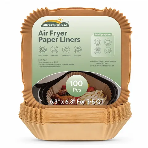 After Sunrise Disposable Air Fryer Liners - 100Pcs Bleach-Free 6.7in Parchment Paper Squares, Non-Stick Baking Supplies, Microwave Fryers Accessories, Versatile & Convenient for Frying, Steaming, No Cleanup Kitchen Appliance Parts