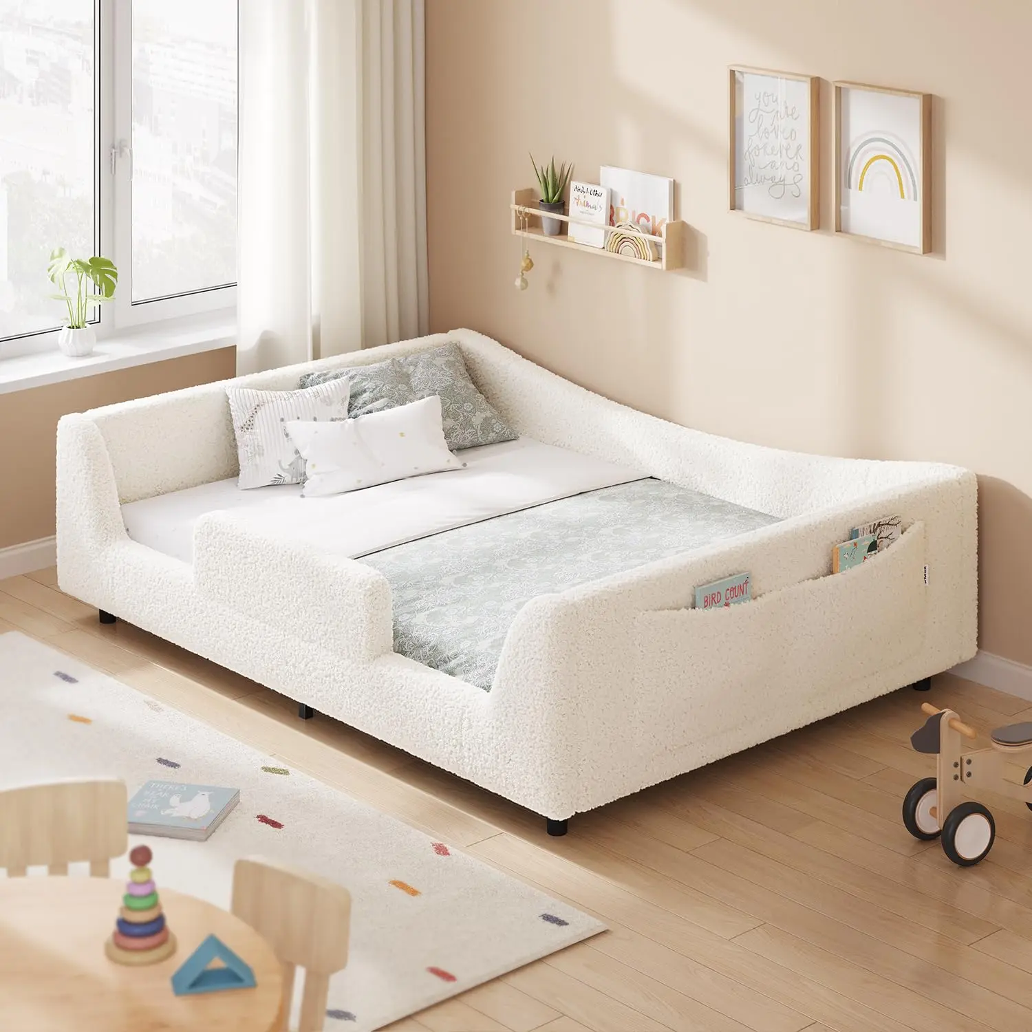 [SummerSale] Sikaic Floor Bed, Low Montessori 2-in-1 Beds, with Slats and High Rails, Upholstered Teddy Boucle, Curve Round Frame for Girls and Boys, No Box Spring Needed, Beige, Home Furniture, Dorm Essentials
