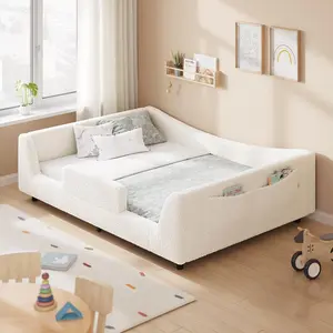 Sikaic Floor Bed, Low Montessori 2-in-1 Beds, with Slats and High Rails, Upholstered Teddy Boucle, Curve Round Frame for Girls and Boys, No Box Spring Needed, Beige Summerwins