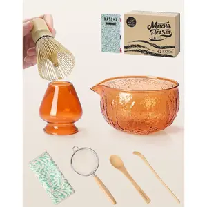 7 Pcs Matcha Whisk Set, Matcha Kit Includes Matcha Bowl, Whisk and Holder, Bamboo Scoop, Spoon, Sifter and Tea Towel, Gift for Matcha Lovers & Beginners (Amber)