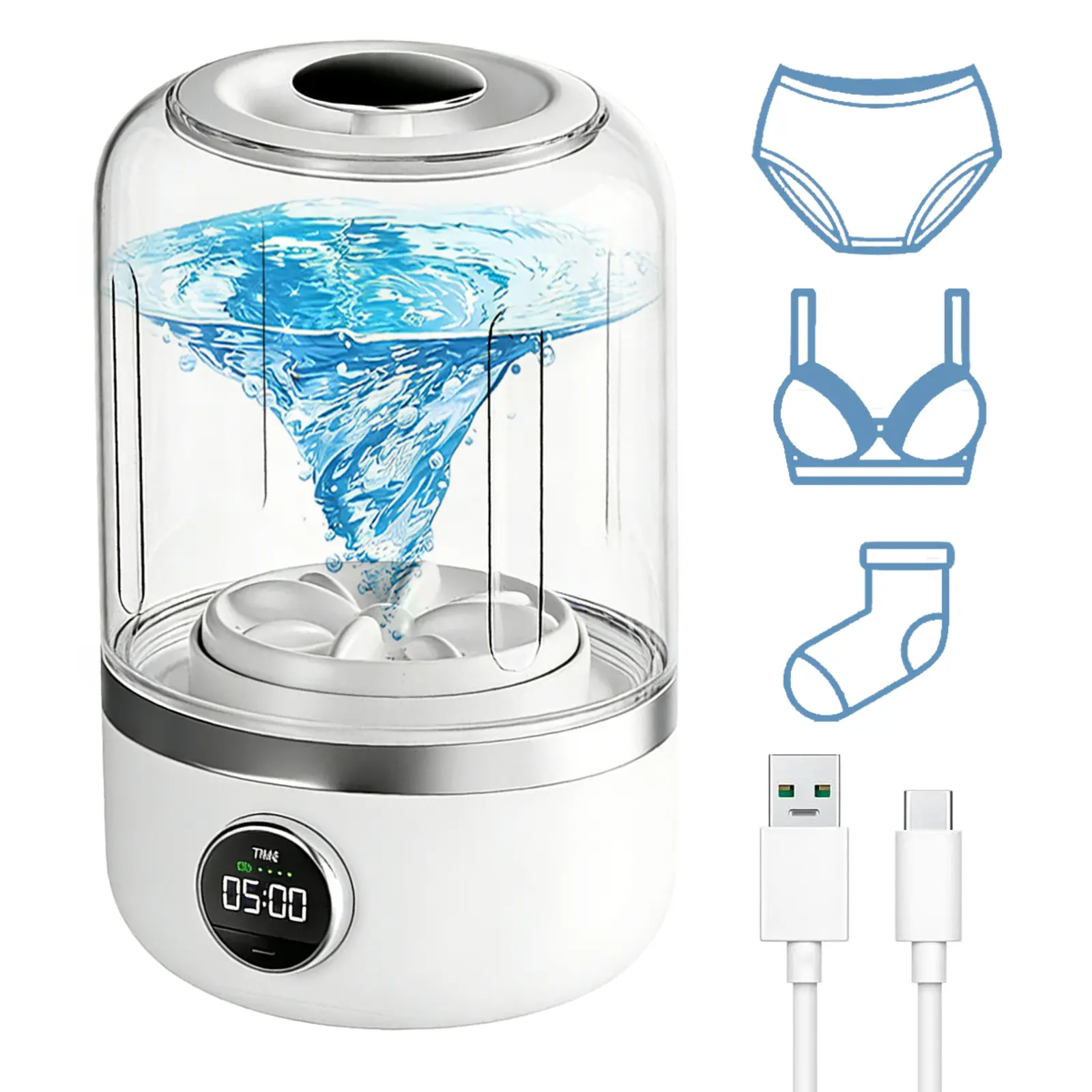 1.2L Portable Mini Underwear Washing Machine, USB Rechargeable Turbine Small Clothes Washer for Deep Cleaning Blood, Milk, Grease Stains, Ideal for Socks, Lingerie, Travel, Apartment Use