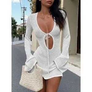 Women's New Hollow Out Sexy Beach Vacation Casual Daily Dress, Flared Sleeve Short Knit Sweater Dress, Spring/Summer/Autumn