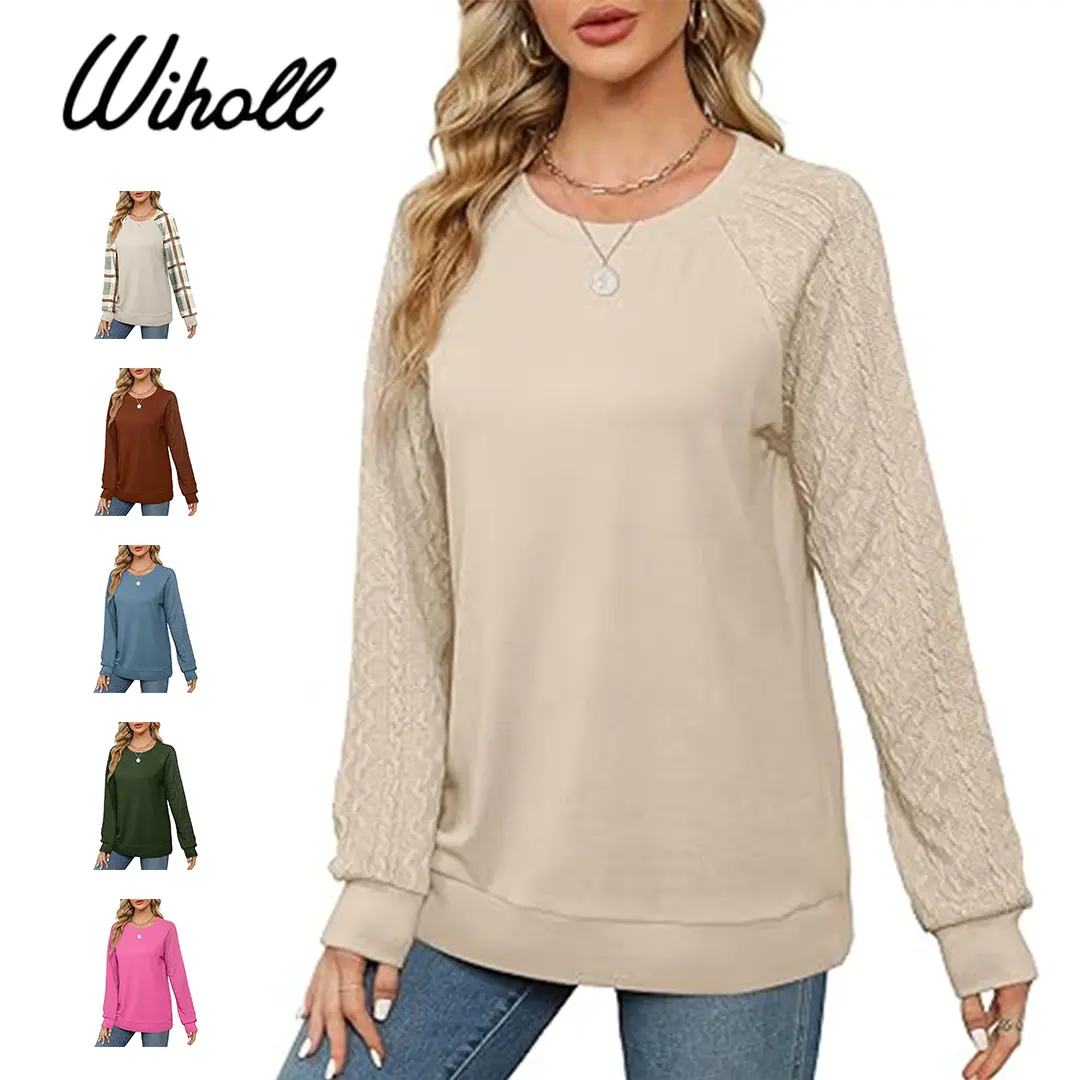 WIHOLL Women's Crewneck Cable Knit Sleeve Sweatshirts, Lightweight 2025 Fashion Tops with Jeans, Leggings, Bike Outfit Compatibility & Belt, Tee Pairing Options, Round Neck, Basic, Casual, Korean, Slimming, Soft