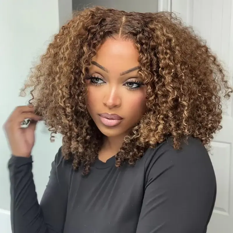 【Trending Color】ISEE HAIR Wear Go Highlight Brown Color Kinky Curly Middle Length Wig 7*5 Lace Closure Wig Pre-plucked Natural Hairline Beginner Friendly Vacation Hair #SummerWins #DealsForYouDays
