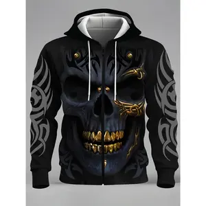 A fashionable, casual and novel 3D skull pattern printed zipper pocket sweatshirt for men