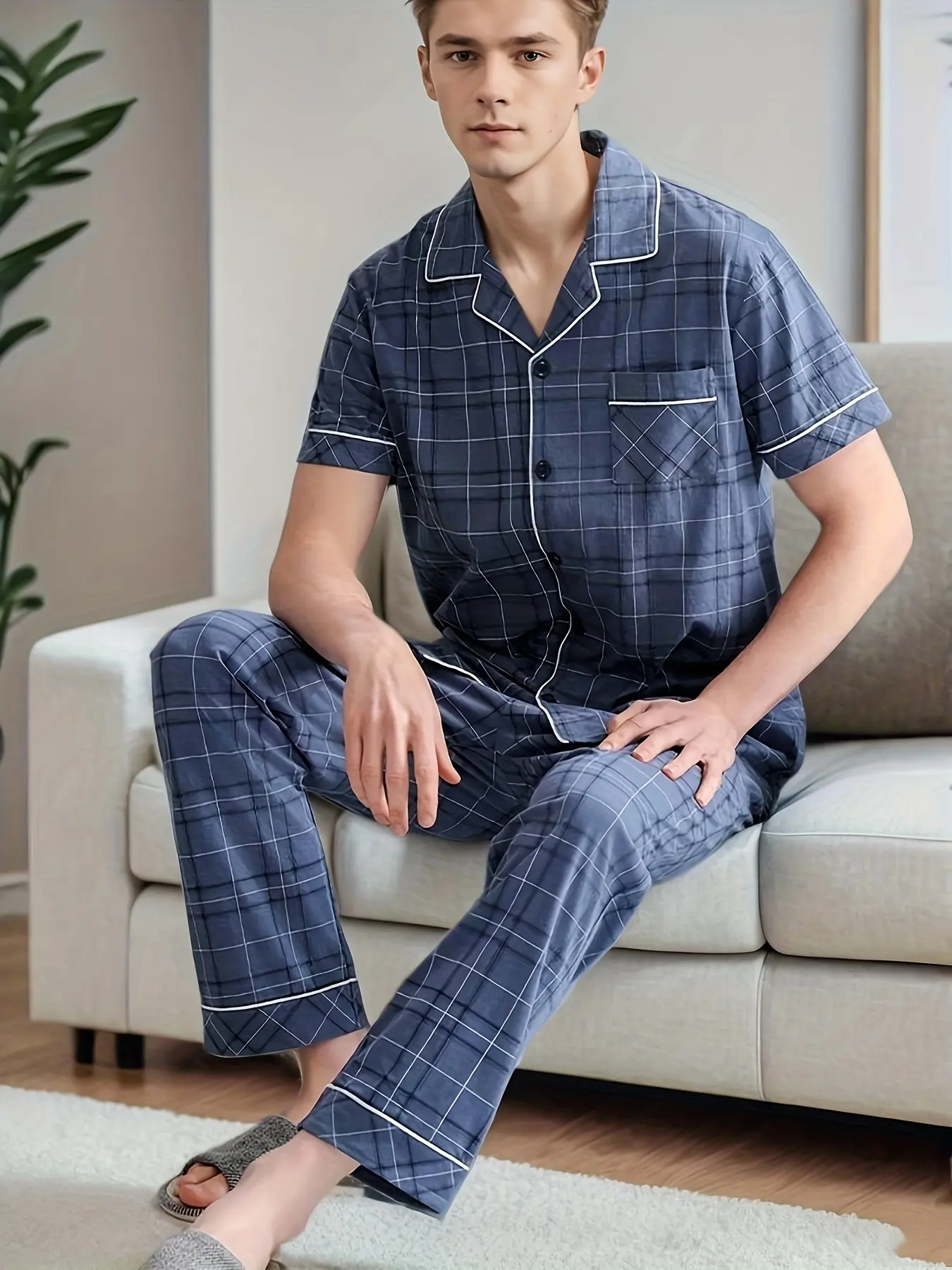 Men's Trendy Print Lapel Short Sleeve Fitted Pajama Set, Comfortable Skin-Friendly Style, Casual Homewear, 2 Piece Pack