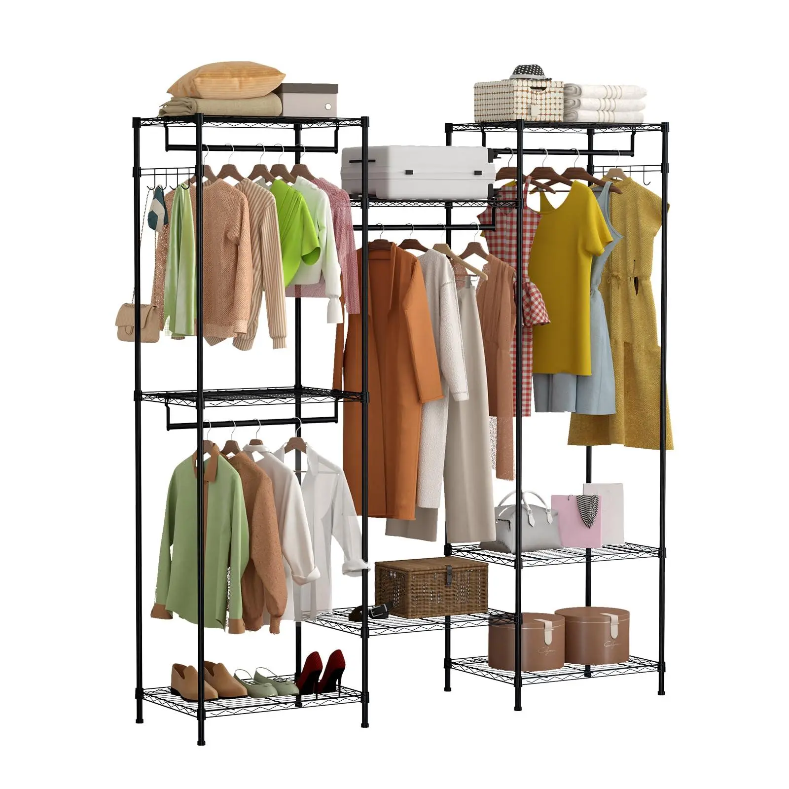 Garvee Double Unit Portable Closet Wardrobe - Closet Organizer 4 Hanging Rods & 8 Shelves, Heavy Duty Freestanding Clothing Storage Organizer, Adjustable Black Garment Rack, 74.4" h x 67.3" l x 17.7" w