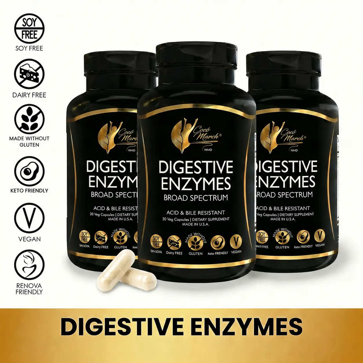 3 Bottles of Cocó March N.M.D Digestive Enzymes - 18 Powerful Enzymes For Digestive Support For Adults & Children - Acid And Bile Resistant - Dairy Free, Vegan - 600 Mg Proprietary Blend - 30 Capsules per Bottle