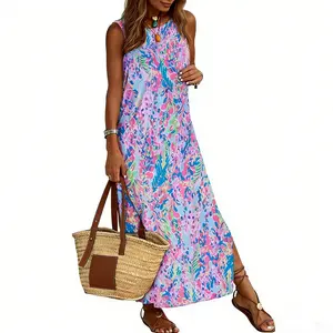 Asvivid Women's Summer Casual Abstract Floral Print Sleeveless Side Slit Maxi Dress Beach Vacation Outfits Sundress Bodycon Side Slit Womenswear