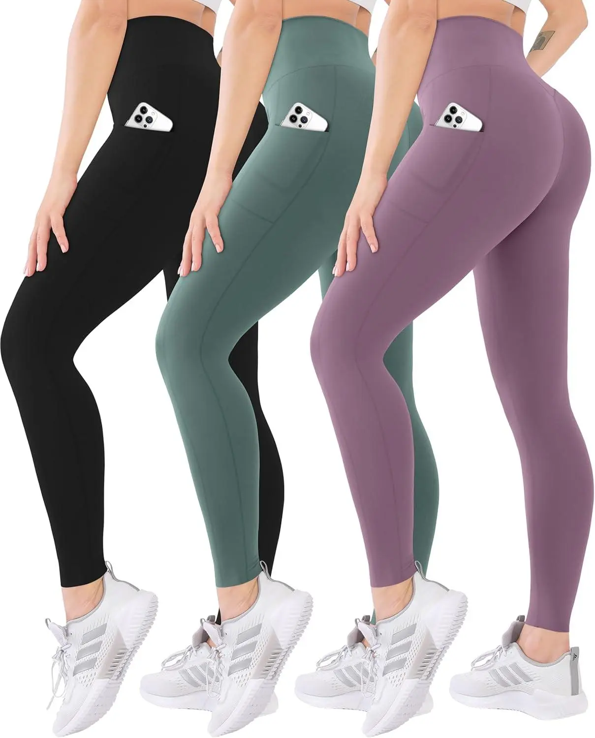 High Waisted Leggings 3-Pack, Stylish Tummy-Control Activewear with Pockets, Soft & Supported for Yoga, Running, Sports & Fitness Use
