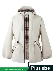 Women's Plus Size Solid Color Zip-Up Hoodie, Lightweight Waterproof Outdoor Jacket, Casual Long Sleeve Top Fit for Spring & Fall