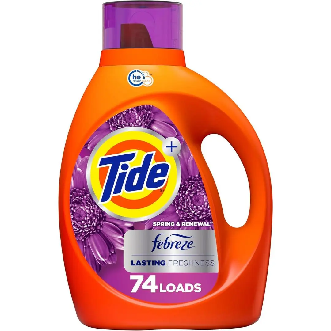 Tide Plus Febreze Freshness HE Turbo Clean Liquid Laundry Detergent, Spring & Renewal Scent, 105 fl oz, 74 loads (Packaging may vary)
