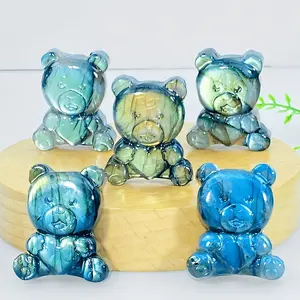 1pc Handcrafted Natural Labradorite Bear Statue, Dual-Sided Blue Moonstone Reflection, Bohemian Home Decor & Jewelry Making, Unique Gift Idea