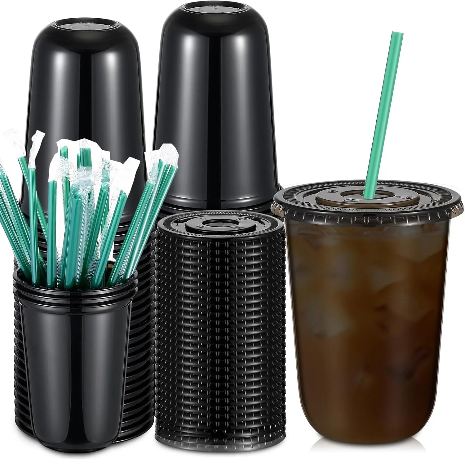 100-Set Disposable Plastic Cups Kit, Transparent Cold Beverage Cups with Leak-Proof Lids and Straws, Ideal for Weddings, Coffee Shops, Disposable Cups