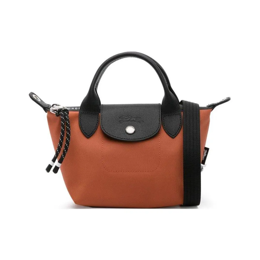 Women's Longchamp Le Pliage Energy Logo Mini Tote - Fashion Elegant Handbag, Recycled Cotton, Silver Hardware, Rust Brown & Black, Lightweight Mommy Hobo Bag