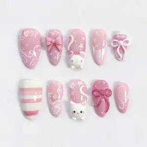 Pink Kawaii Press On Nails, 3D Bow Cat Charm Set, Pastel Anime Fake Nails