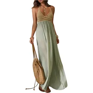 OYOANGLE Women's Boho Crochet Maxi Dress Backless Halter Mesh Flowy A Line Vacation Beach Wedding Guest Dress